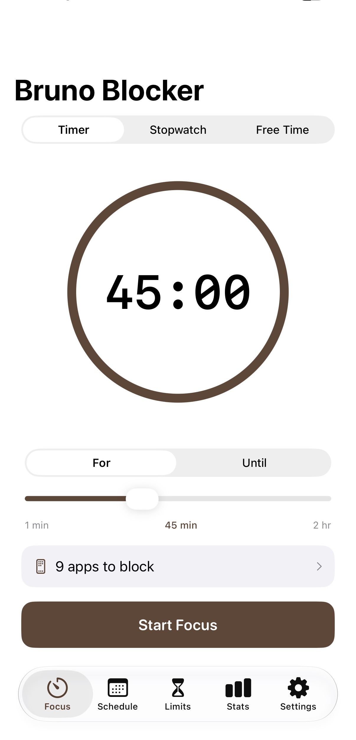 Focus timer counting down from 45 minutes