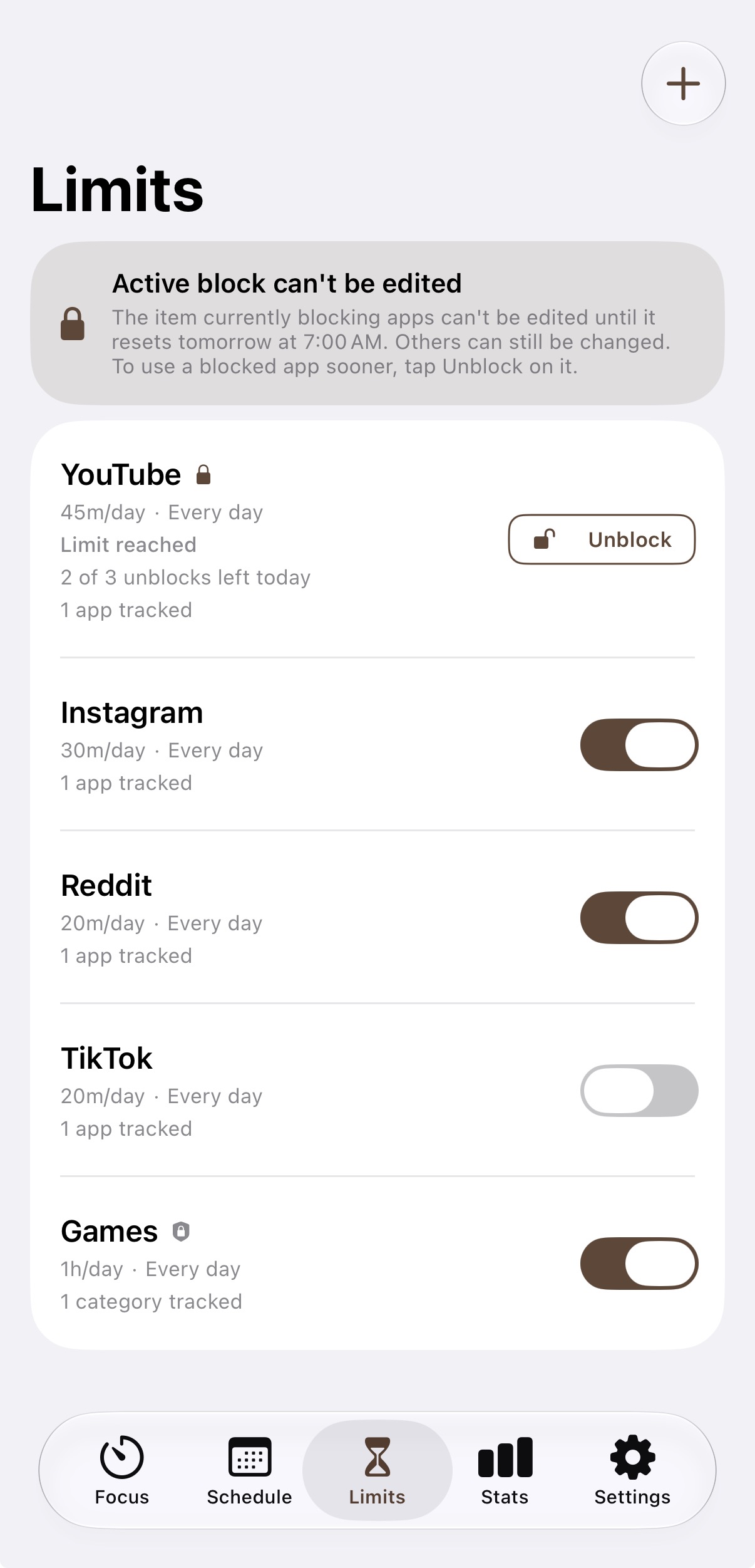 Per-app daily time limits